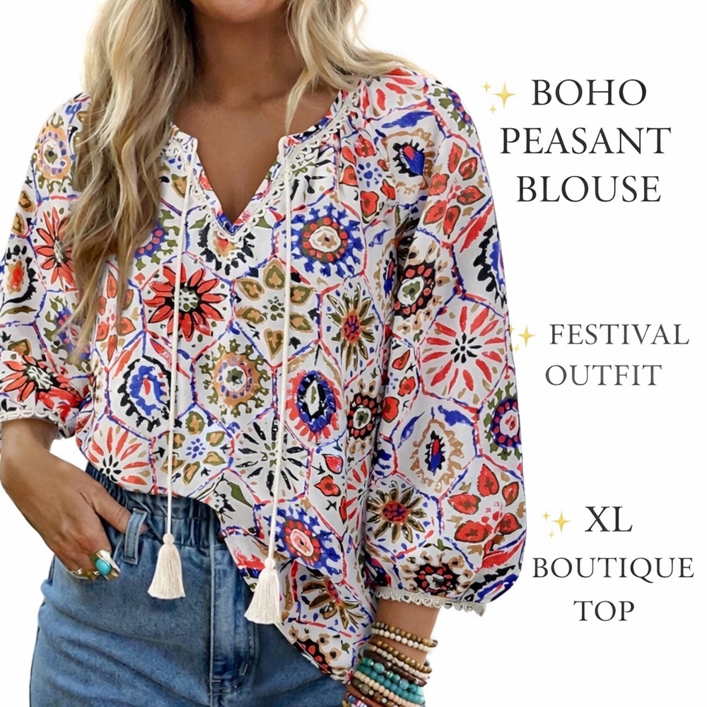 Boho Floral Print Peasant Blouse | Tassel Tie Bohemian Top